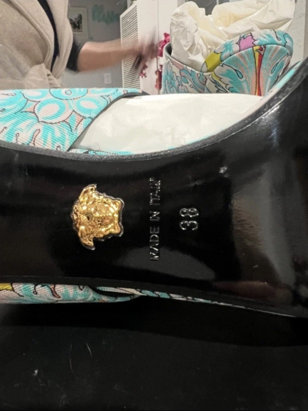 Versace Turquoise Multi-Color Patterned Strap Heels - Picture 5 of 7